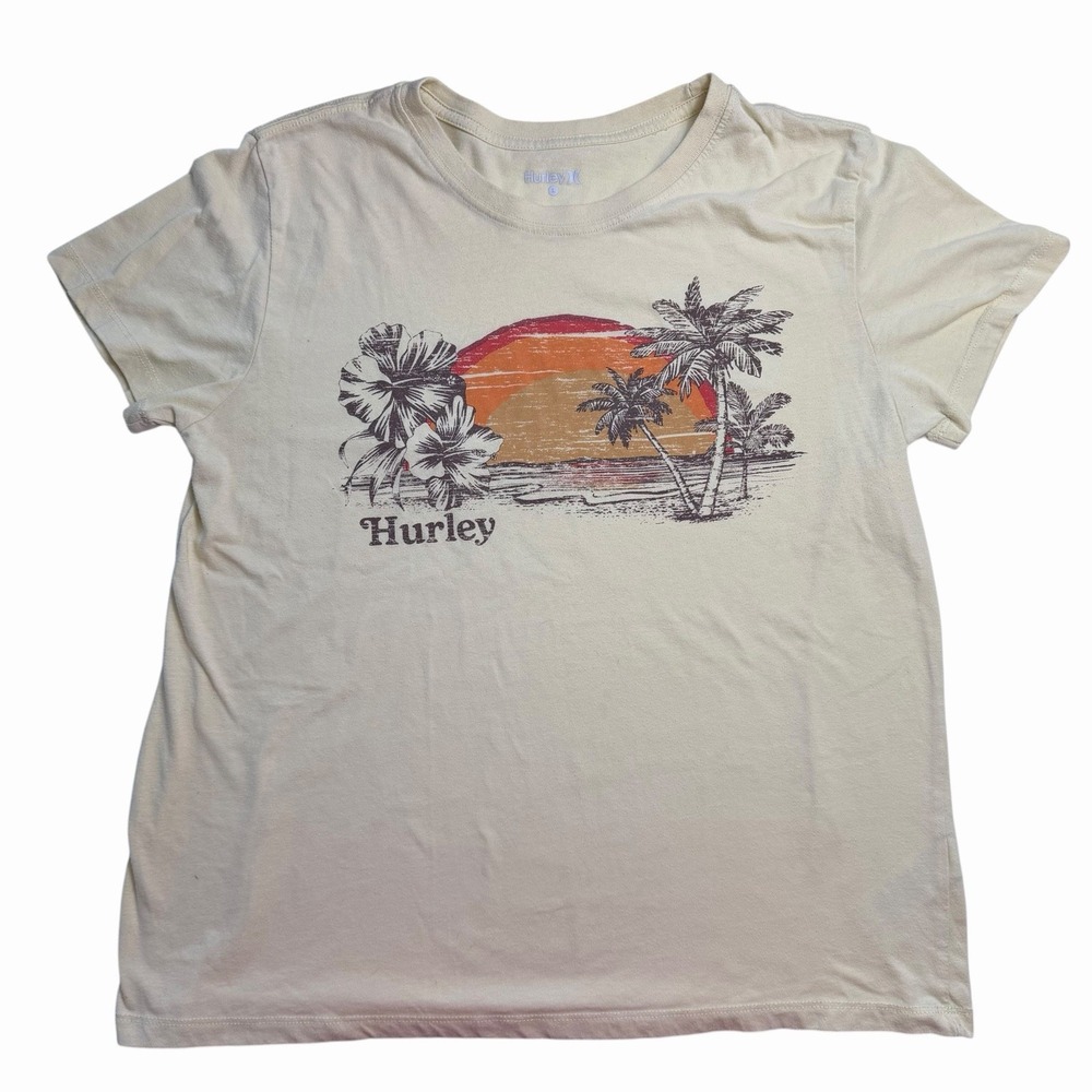 Women's Hurley Yellow Tropical Tee Hibiscus Flower Palm Tree Size Large